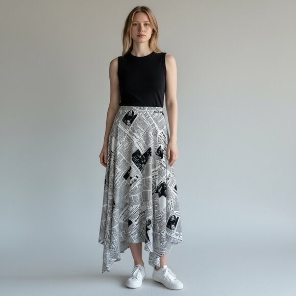 Vintage 90s Black and White Newsprint Midi Skirt Sharkbite Hem Artsy Large USA - Picture 1 of 16